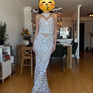 White Embroidered Sheer Evening or wedding Italian Gown Dress S/M new with tags